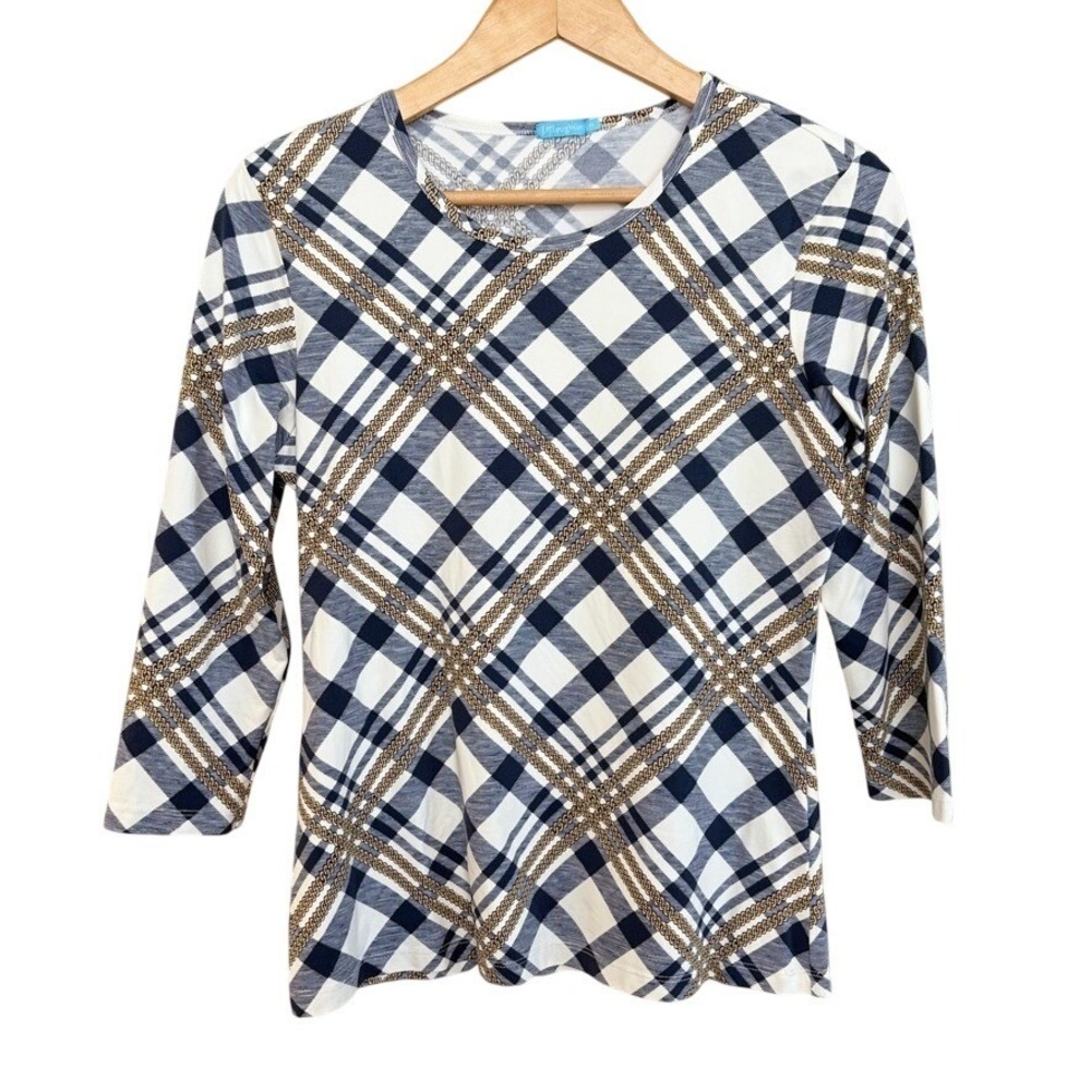J. McLaughlin Signature Catalina Cloth Tee Navy Gold Medium Chain‎ Link Plaid